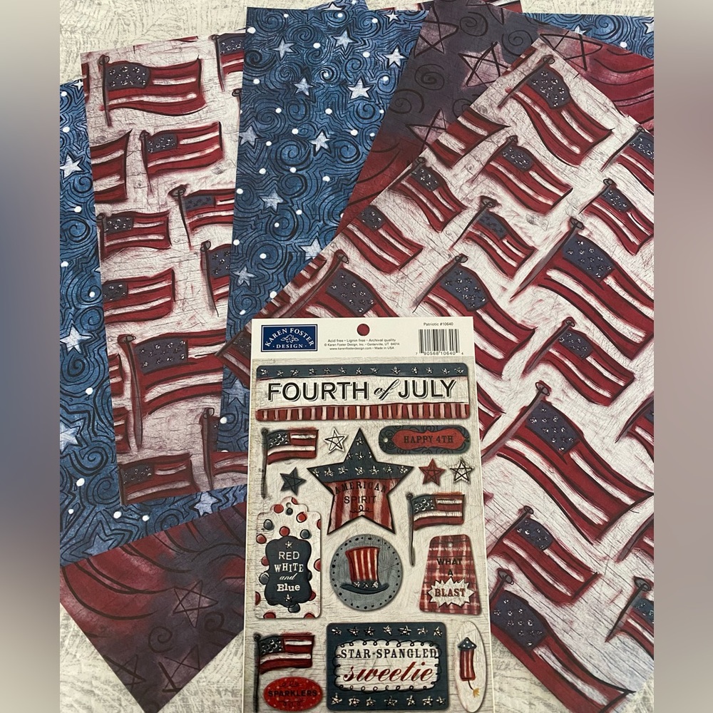 🇺🇸💥 KAREN FOSTER “PATRIOTIC” STICKERS & SCRAPBOOK PAPER BUNDLE. DISCONTINUED